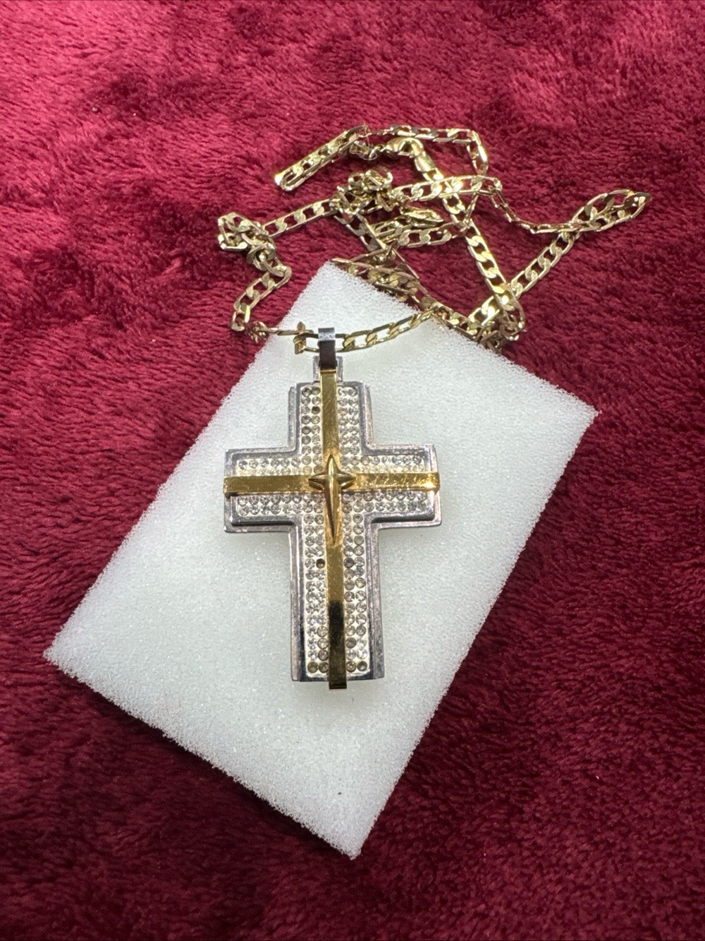 Gold Tone Cuban Chain Stainless Steel CZ Cross Pendant Two Tone Missing Stones